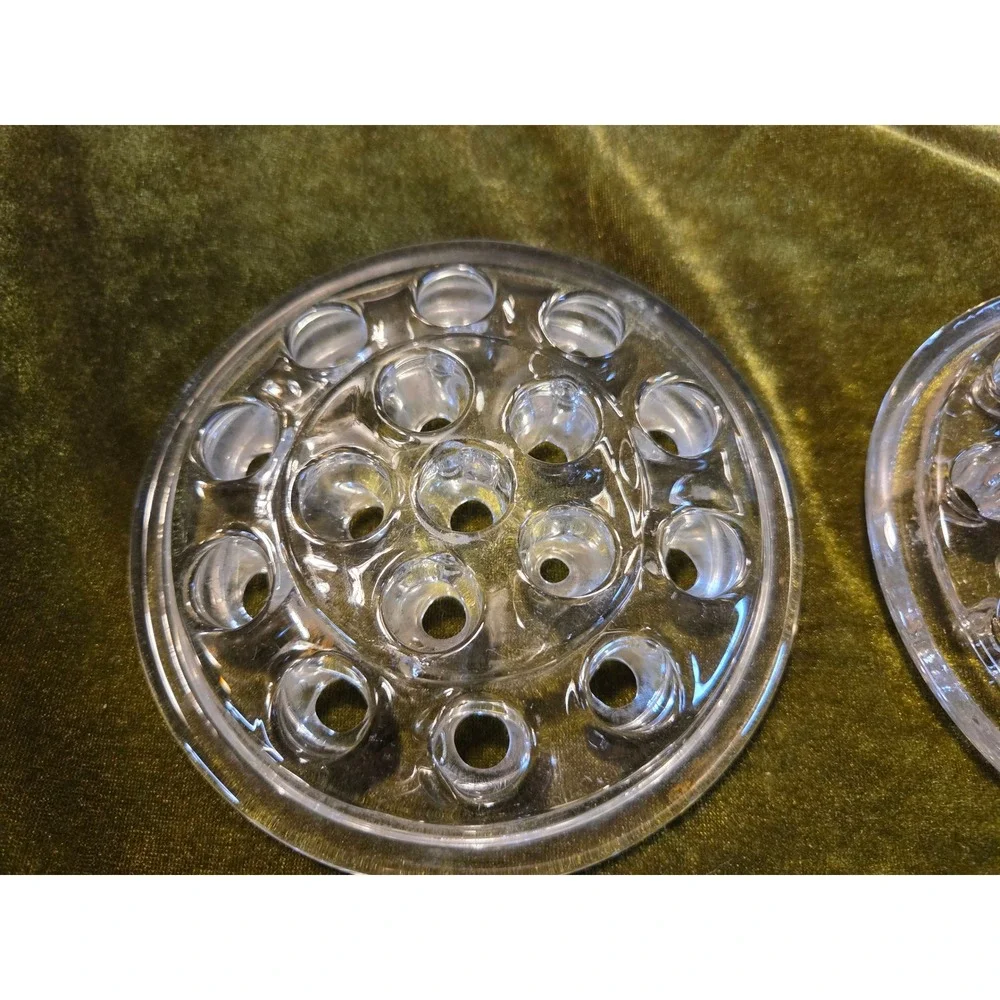 Vintage Clear Glass Flower Frog Set of 2 Round 16‎ Hole Floral Arrangers 3.5in